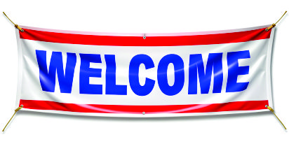 Banner with the word "Welcome" in blue.